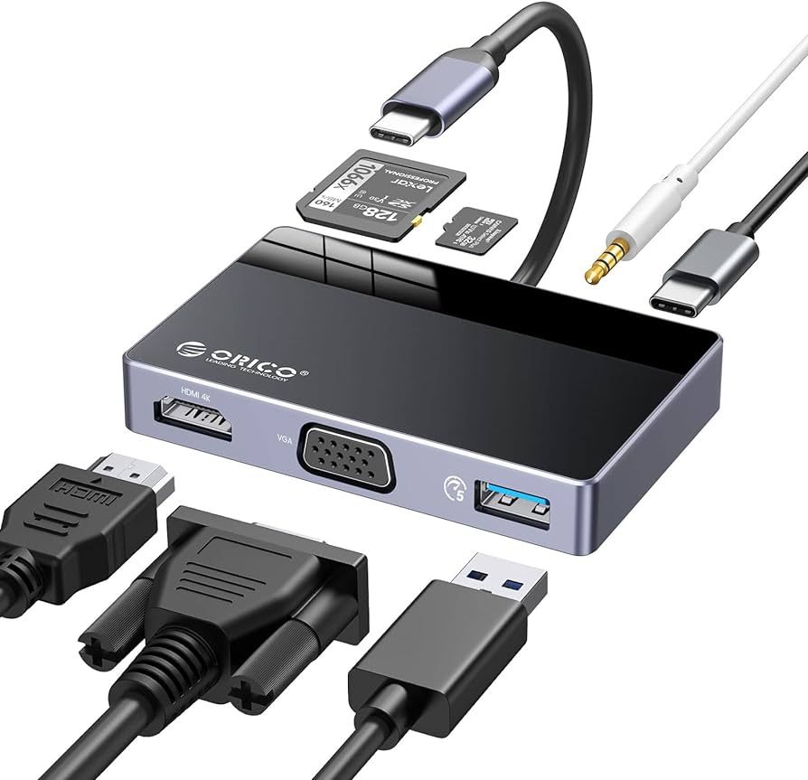 Orico USB 3.0 C-HDMI + 1xVGA + 1xUSB3.0 + 1xUSB-C PD + 1xSD/microSD DM-7TS-BK-BP